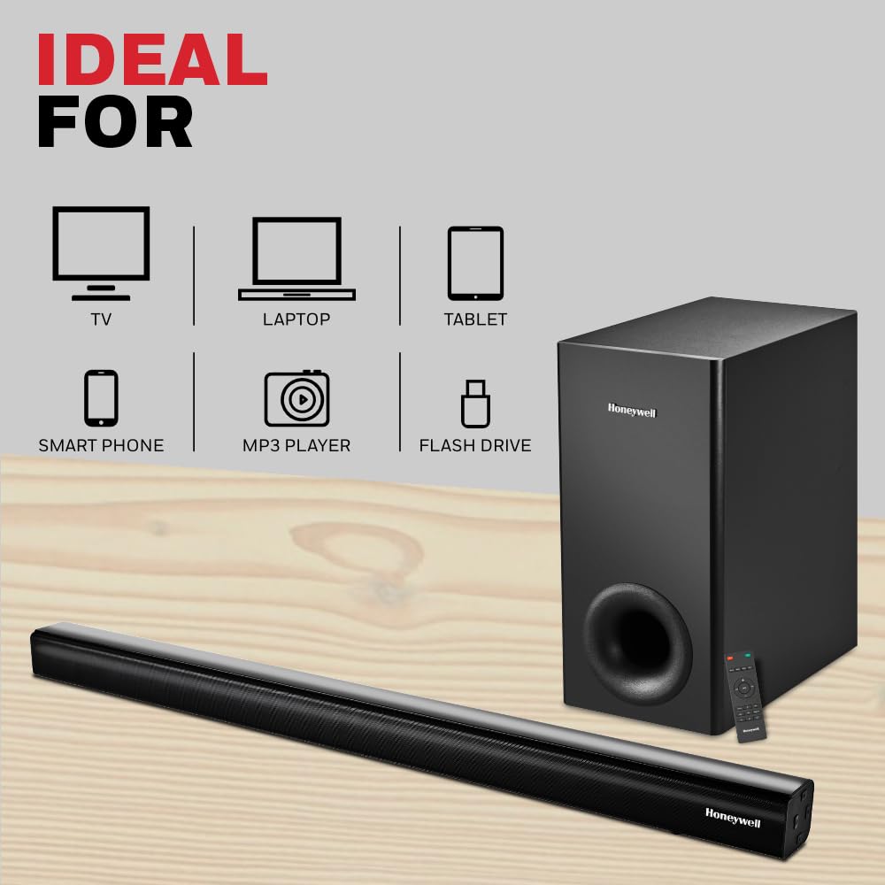 100W RMS Wireless Bluetooth V5.0 Soundbar with Wireless Subwoofer with remote, 2.1 Channel Sound, 55mm*4 Drivers, 6 Play Modes-BT, Audio jack, USB, optical, coaxial & HDMI/ARC