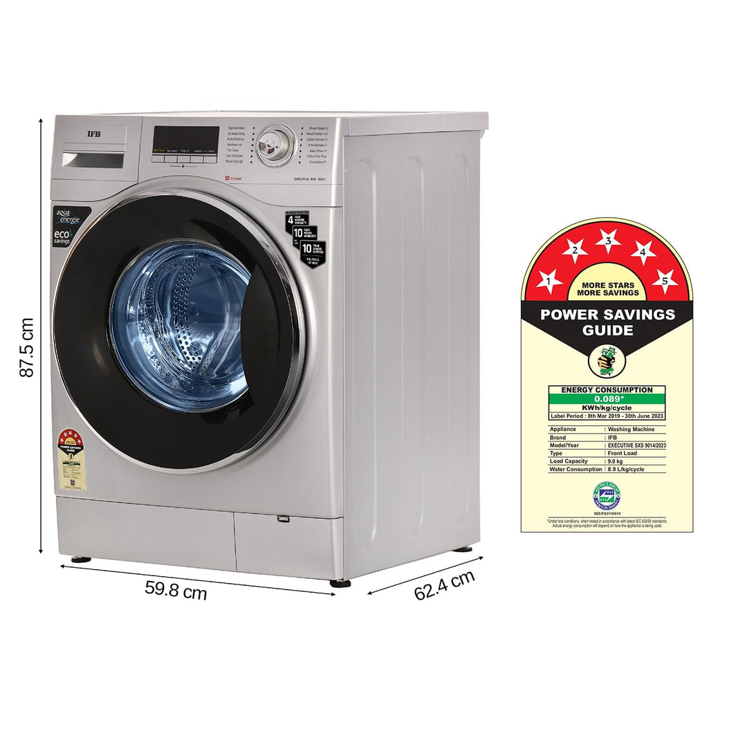 9 Kg 5 Star Front Load Washing Machine 2X Power Dual Steam (EXECUTIVE SXS 9014, Silver, Active Color Protection, Hard Water Wash)